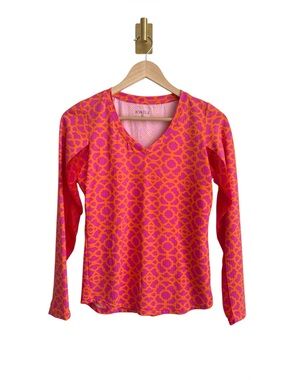 Icikuls Geometric Print Performance Top Pink Orange Mesh Long Sleeve XS
